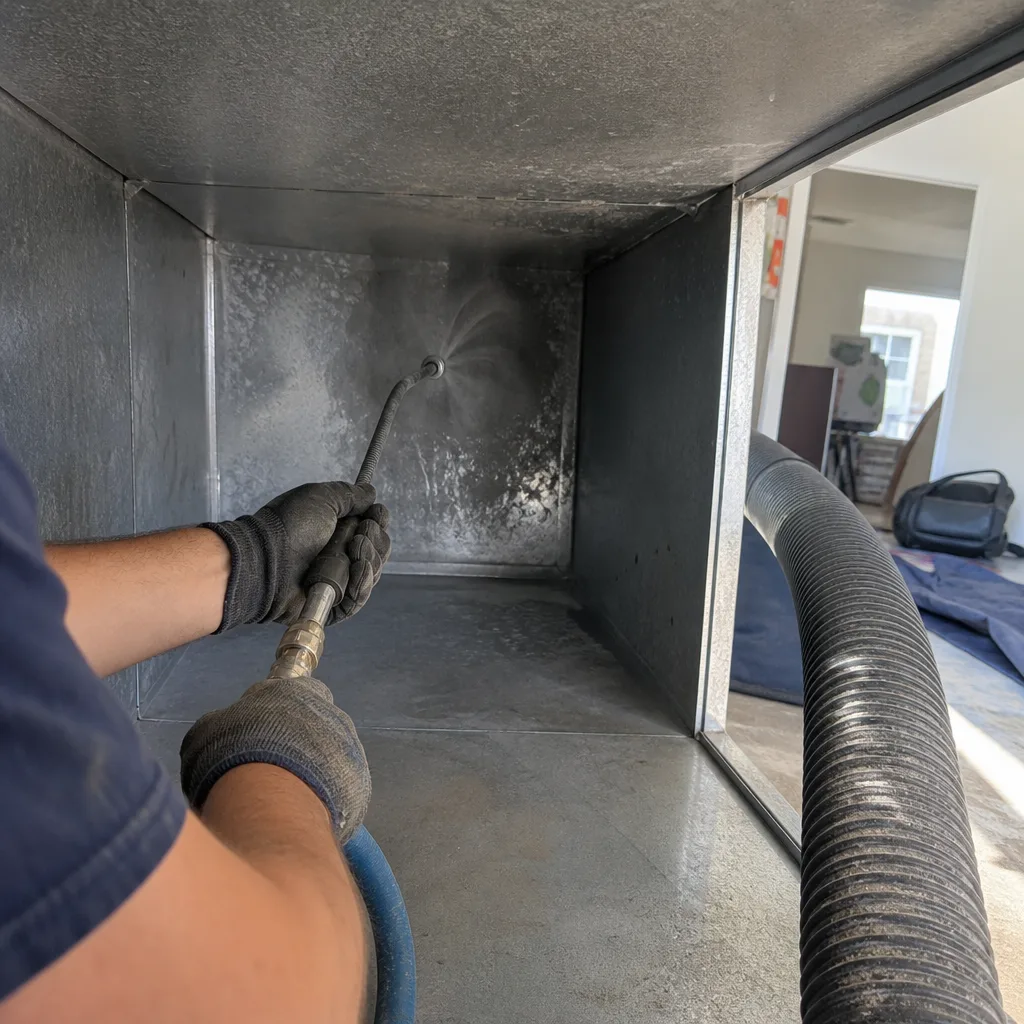 Technician using professional equipment for residential air duct cleaning service