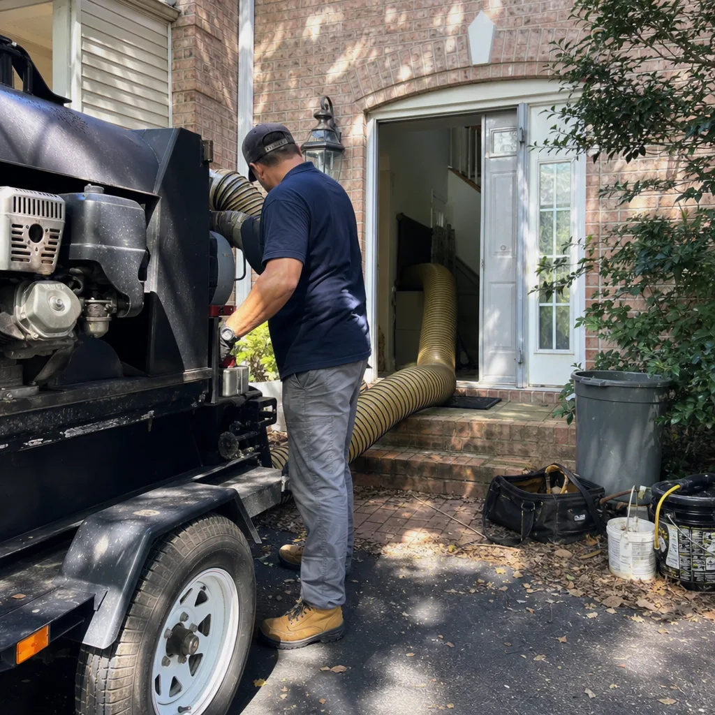 Professional air duct cleaning technician using industrial vacuum equipment at a home