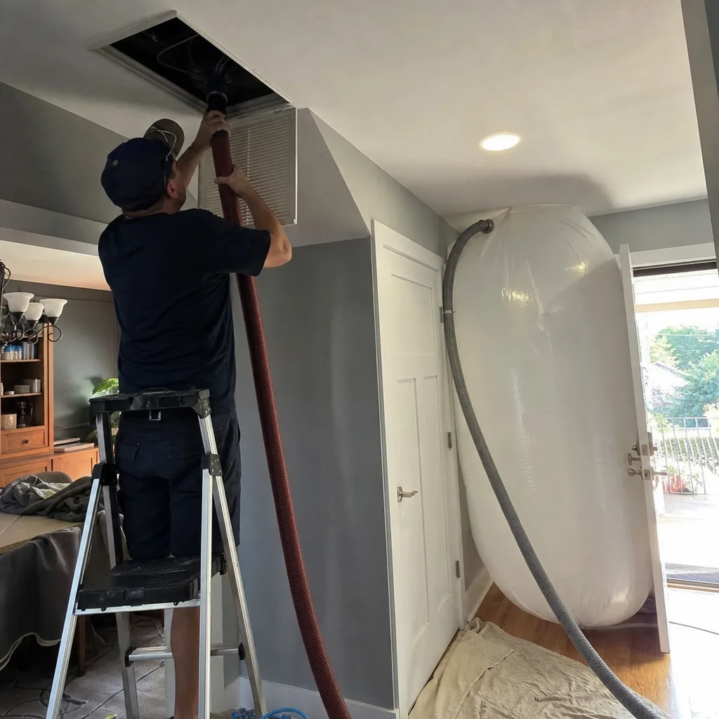 Professional technician performing air duct cleaning with vacuum hose equipment