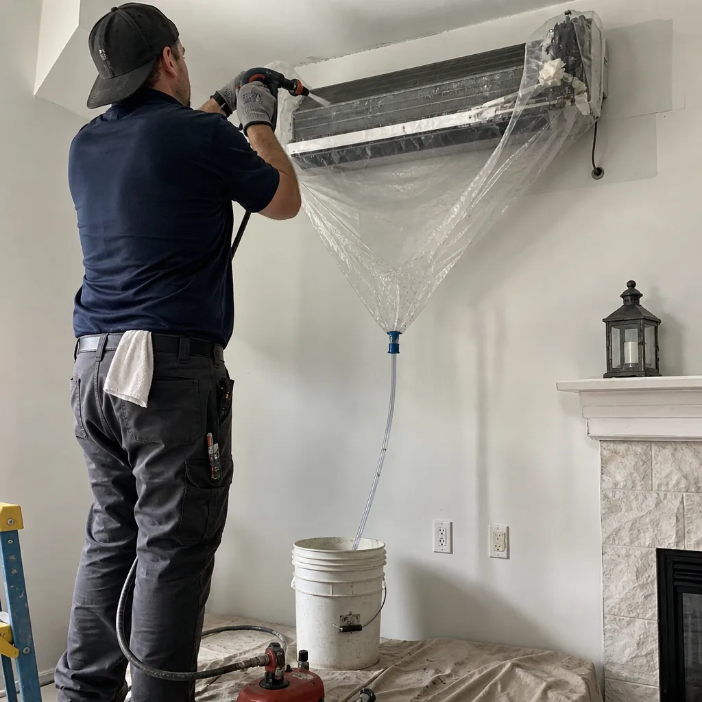 Professional technician performing a deep clean on a wall-mounted HVAC system