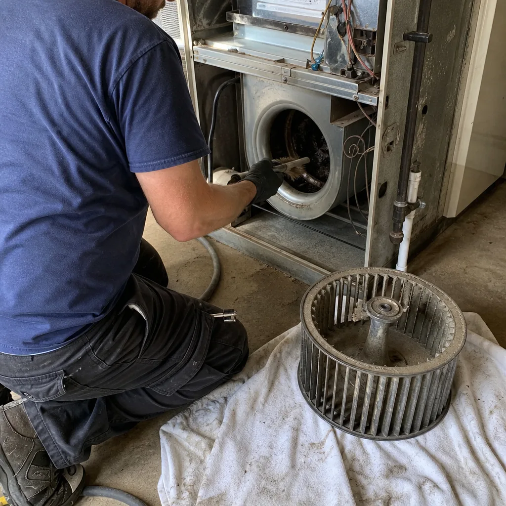 HVAC technician performing professional furnace and blower wheel cleaning service