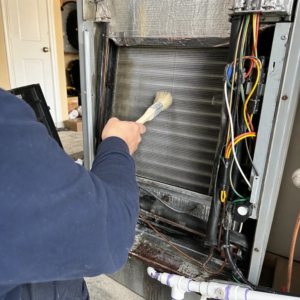 Technician using a brush to clean HVAC air conditioning unit coils